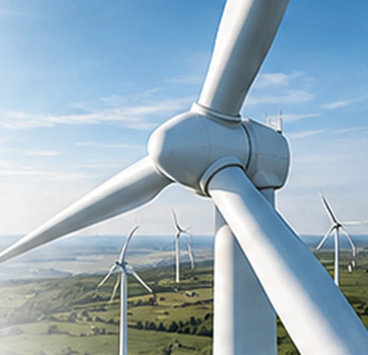 Close-up of a wind turbine hub and blades over green farmland