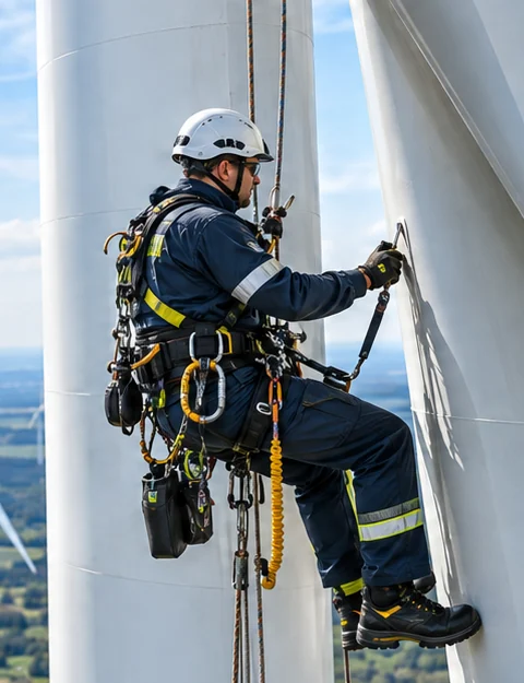 Technician in full fall-protection gear working on a turbine tower