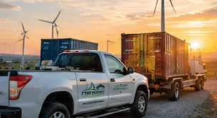Service truck and equipment containers at a wind farm