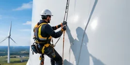 Rope-access technician cleaning a wind turbine tower