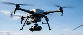 Dron de inspección volando cerca de aerogeneradores