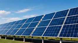 Rows of solar PV panels under a blue sky
