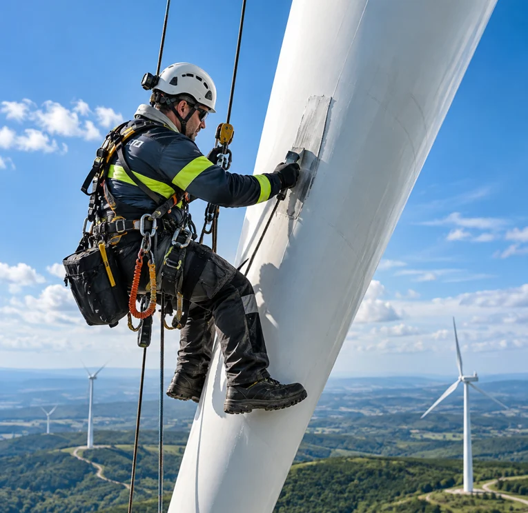 Rope-access technician repairing a wind turbine blade